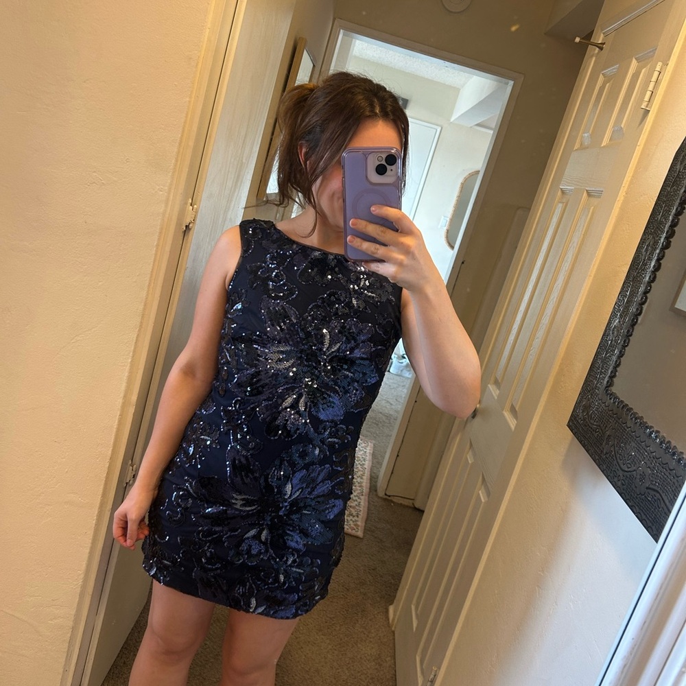 White House Black Market Navy Sequin Floral Mini Dress